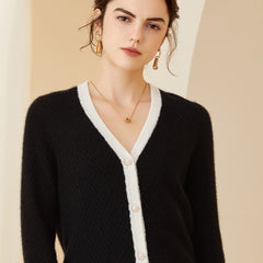V-neck Loose Knitted Contrast Trim Button-Up Sweater Cardigan