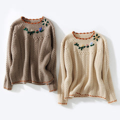 Women's Hand-Embroidered Cable-Knit Thick Pure Cashmere Sweater