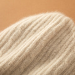 100% Cashmere Soft Warm Hat Two-Tone Cable Knit Beanie