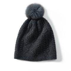 Winter Cable Knit 100% Cashmere Beanie with Fur Pom Pom