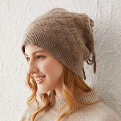 100% Pure Cashmere Drawstring Basket Knit Beanie – Adjustable Winter Hat for Women