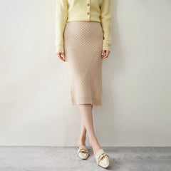 Textured Rib Straight Slit Knitted Hip Cashmere Midi Skirt Dress