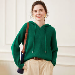 Cashmere Wool Blend Textured Knit Hoodie Sweater for Women – Cozy Waffle Knit Pullover