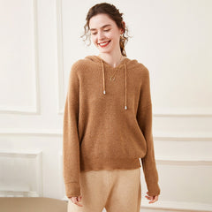 Cashmere Wool Blend Textured Knit Hoodie Sweater for Women – Cozy Waffle Knit Pullover