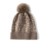 Women's Warm Patterned Knitted Cashmere Hat with Fur Pom