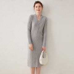 Women's V-neck Twisted Ribbed Wrap-Style Midi Sweater Dress