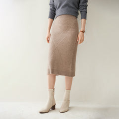 Textured Rib Straight Slit Knitted Hip Cashmere Midi Skirt Dress