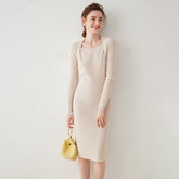 Ribbed Square-Neck Cashmere Women's Long Knitted Midi Dress