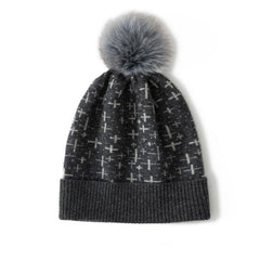 Women's Warm Patterned Knitted Cashmere Hat with Fur Pom