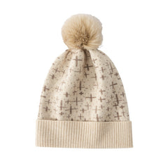 Women's Warm Patterned Knitted Cashmere Hat with Fur Pom