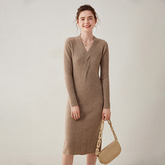 Women's V-neck Twisted Ribbed Wrap-Style Midi Sweater Dress