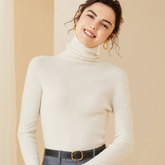 Cashmere Wool Blend Turtleneck Sweater for Women – Slim Fit Knit Pullover Top