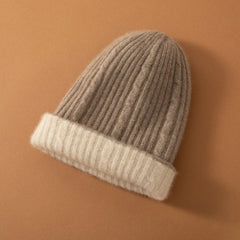 100% Cashmere Soft Warm Hat Two-Tone Cable Knit Beanie