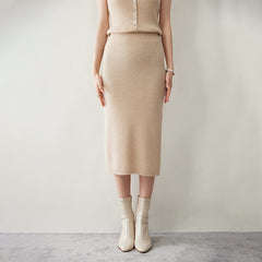Ribbed Women's High-waist Slim Cashmere Knitted Midi Hip Skirt