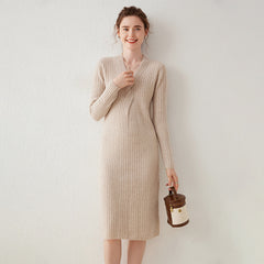 Women's V-neck Twisted Ribbed Wrap-Style Midi Sweater Dress