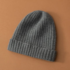 100% Pure Cashmere Ribbed Beanie Hat for Women – Thick Knit Winter Cap
