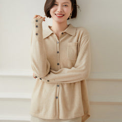 Women 's Button-Up Knit with Pocket Wool Shirt Cashmere Cardigan