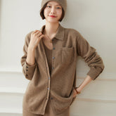 Women 's Button-Up Knit with Pocket Wool Shirt Cashmere Cardigan