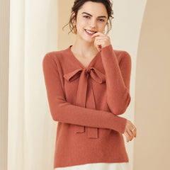 Women's Bow Tie Neck Cashmere Wool V Neck Knit Top Sweater