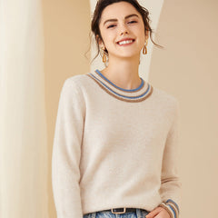 Round Neck Knitted Warm Contrast Trim Knit Top Cashmere Sweater