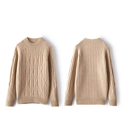 Loose Geometric Cable Knit Warm Mock Neck Cashmere Wool Sweater
