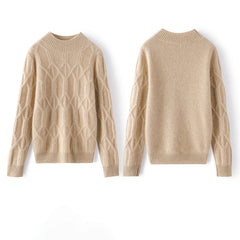 Warm Mock Neck Geometric Cable Knit Cashmere Wool Sweater