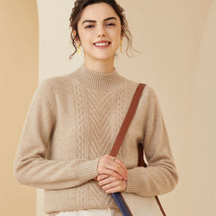 Mock Neck Chevron Cable Knit Cashmere Thick Cashmere Sweater