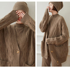 100% Cashmere Cable Knit Button Soft Sweater Cardigan with Pocket