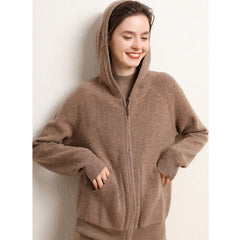 Women's Zip-Up Hooded Cashmere Cardigan Soft Knit Jacket