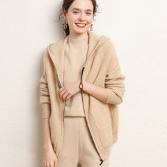 Women's Zip-Up Hooded Cashmere Cardigan Soft Knit Jacket