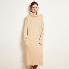 Women's Soft Knit Turtleneck Cashmere Wool Sweater Midi Dress