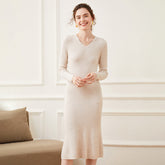Women's Ribbed V-Neck Cashmere Soft Knit Slim Dresses for Women