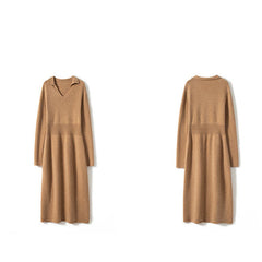 Collared V-Neck Cashmere Wool Sweater Lapel Dress for Women