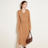 Collared V-Neck Cashmere Wool Sweater Lapel Dress for Women