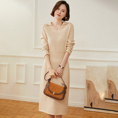 Collared V-Neck Cashmere Wool Sweater Lapel Dress for Women