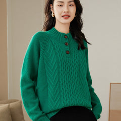 Textured Button-Neck Thickened Half Turtleneck Cashmere Sweater