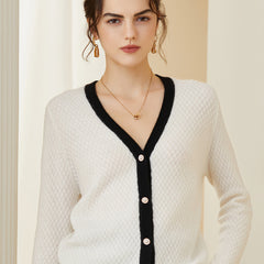 V-neck Loose Knitted  Contrast Trim Button-Up Sweater Cardigan