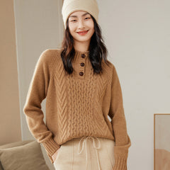 Textured Button-Neck Thickened Half Turtleneck Cashmere Sweater