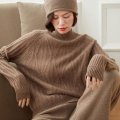 Thickened Cashmere Wool Diamond Textured Turtleneck Sweater