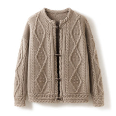 100% Cashmere Vintage Cable-Knit Toggle Buttons Sweater Cardigan