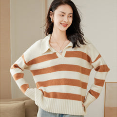 Polo Collar Warm Loose Striped V-Neck Sweater for Women