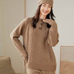 Textured Button-Neck Thickened Half Turtleneck Cashmere Sweater