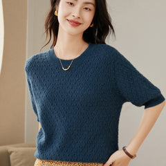 Round neck Half Turtleneck Women's 100% Pure Cashmere Sweater  Short Sleeve Hollow Thin Cashmere Sweater
