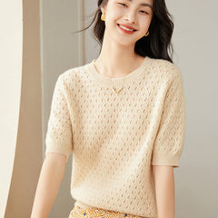 Round neck Half Turtleneck Women's 100% Pure Cashmere Sweater  Short Sleeve Hollow Thin Cashmere Sweater