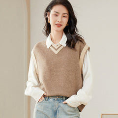 Knitted V-neck Cashmere Pullover Trim Sweater Tops Vest
