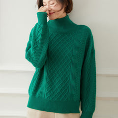 Turtleneck Loose Cable Pattern Cable-Knit Cashmere Sweater