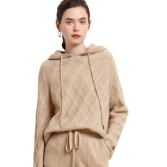 Women's Wool Diamond-Knit Hoodie  Cashmere Sweater