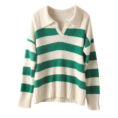 Polo Collar Warm Loose Striped V-Neck Sweater for Women