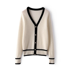 V-neck Loose Knitted  Contrast Trim Button-Up Sweater Cardigan
