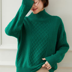Turtleneck Loose Cable Pattern Cable-Knit Cashmere Sweater